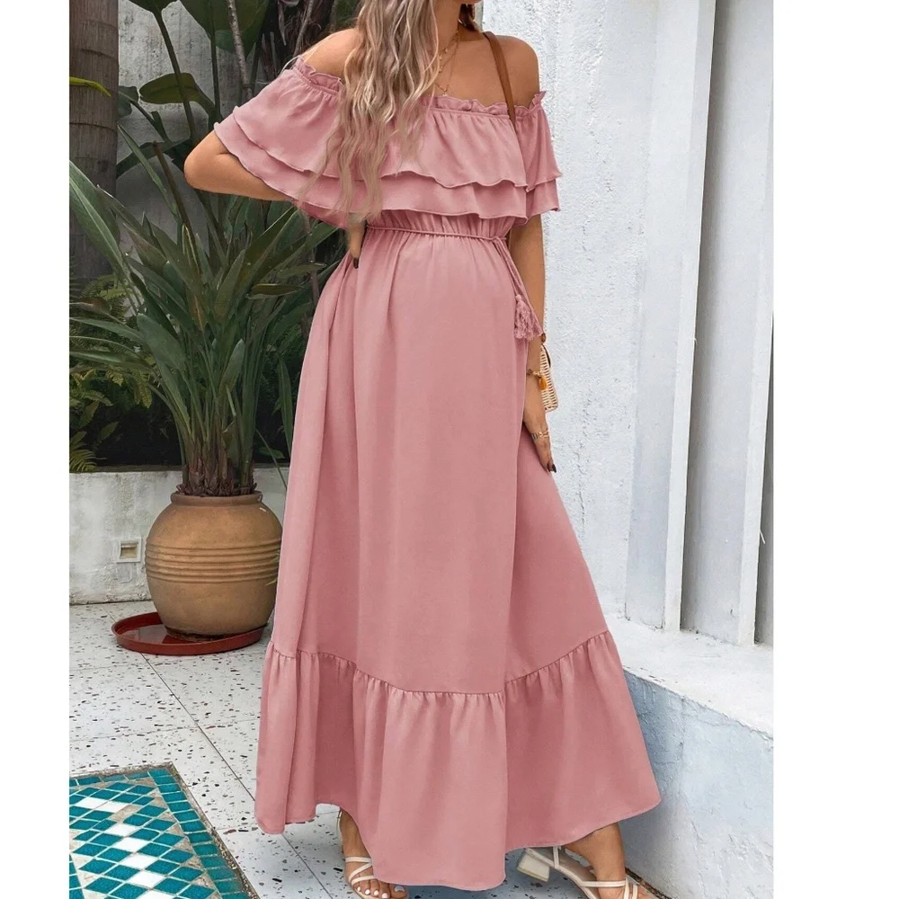Maternity Off Shoulder ruffle Hem Stretchy Waist Maxi Dress - Picture 4 of 8